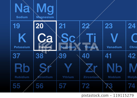 Calcium element on periodic table. Alkaline earth metal with atomic number 20 and symbol Ca from Latin calx, meaning lime. As electrolytes play a vital role in physiological and biochemical processes. 119115279