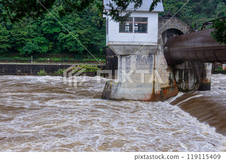 Heavy rains have turned a normally tranquil mountain stream into a dangerously swollen torrent. Heavy rains have turned a normally tranquil mountain stream into a dangerously swollen torrent. 119115409