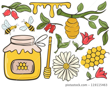 Honey and beekeeping colorful hand drawn set Honey and beekeeping colorful hand drawn set 119115463