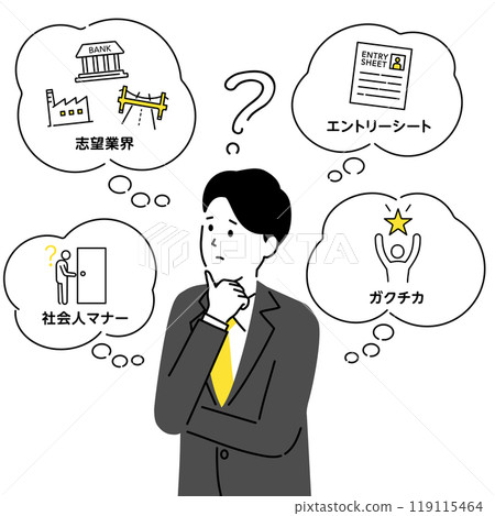 Illustration of a man with worries and anxieties about job hunting | Application forms, desired industry, academic background, and social etiquette 119115464