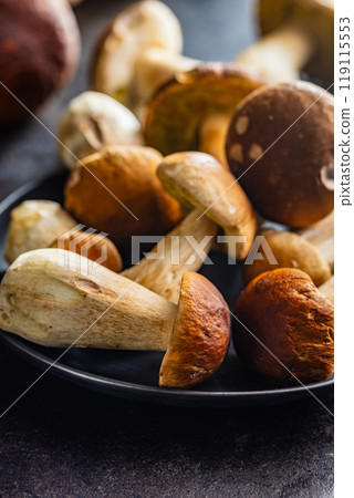 Fresh boletus mushrooms on plate on kitchen table. 119115553