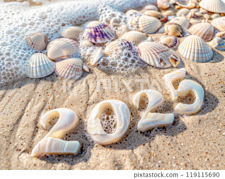 Shells, sandy beach, ocean waves, and 2025 numbers, capturing peaceful Christmas, concept Shells, sandy beach, ocean waves, and 2025 numbers, capturing peaceful Christmas, concept 119115690