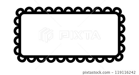 Scalloped edge square frame. Simple rectangle scalloped border. Fabric lace pattern frame. Repeat cute vintage frill ornament. Texture ribbon. Vector illustration isolated on white background 119116242