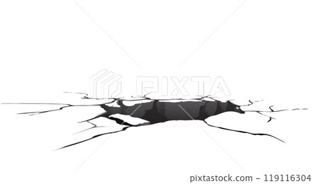 Crack on wall. Brocken concrete floor with hole 119116304