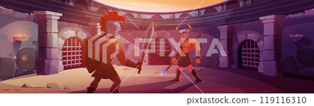 Ancient gladiator warriors fighting on round arena Ancient gladiator warriors fighting on round arena 119116310