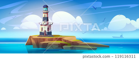 Cartoon sea or ocean landscape with lighthouse 119116311