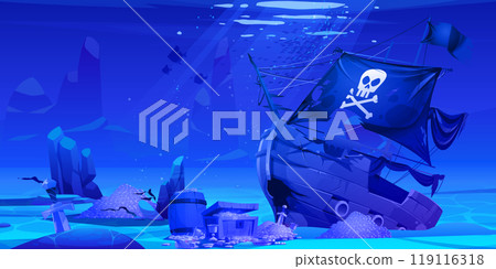Sunken pirate ship with treasure underwater Sunken pirate ship with treasure underwater 119116318
