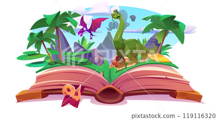 Open book with dinosaurs on jungle landscape 119116320