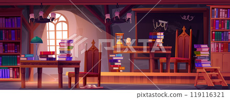 Magic school classroom with old books 119116321