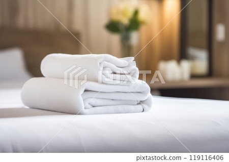 stack of neatly folded white towels on a bed in a hotel room stack of neatly folded white towels on a bed in a hotel room 119116406