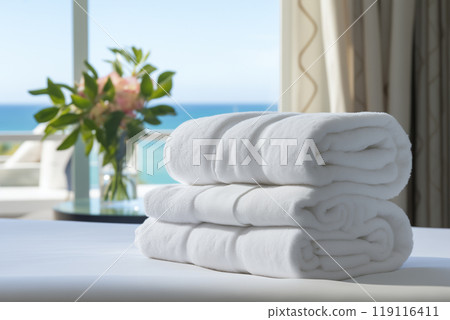 clean white towels on a hotel bed in a bright cozy room overlooking the sea 119116411