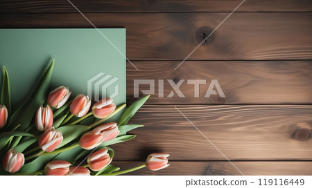 tulip bouquets on a wooden background, festive background for Mother's Day 119116449