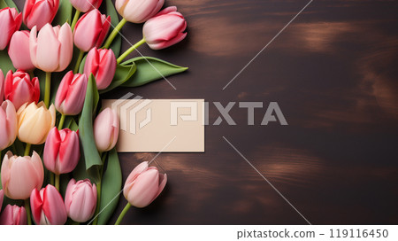 tulip bouquets on a wooden background, festive background for Mother's Day 119116450