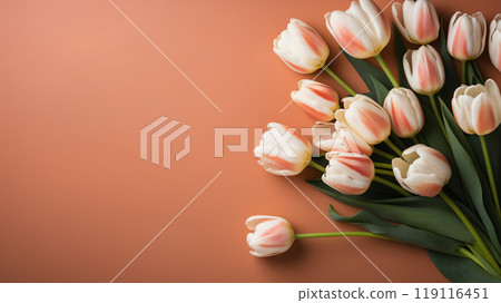 peach background with a bouquet of  tulips, free space for text 119116451