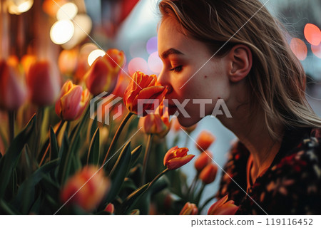 woman sniffing a bouquet of tulips, spring mood, mother's day 119116452