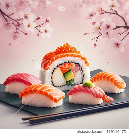 Cherry blossom and sushi illustration 119116475