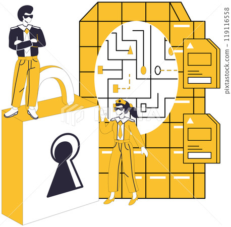 Data integration vector illustration. Optimization, sculptor, chisels away excess to reveal refined form integrated data Data integration, master chef, concocts gourmet dish insights from diverse 119116558