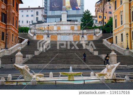 Rome, Lazio, capital of the Italian Republic in Southern Europe, with the Barcaccia Fountain and the Spanish Steps in the Spanish Steps 119117016