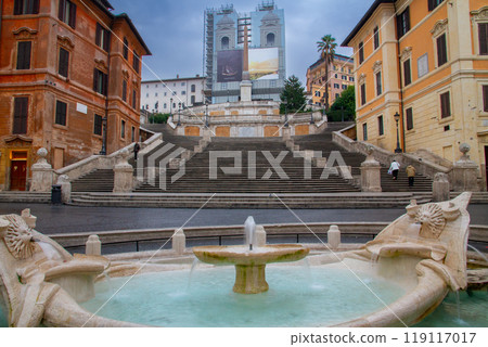 Rome, Lazio, capital of the Italian Republic in Southern Europe, with the Barcaccia Fountain and the Spanish Steps in the Spanish Steps 119117017