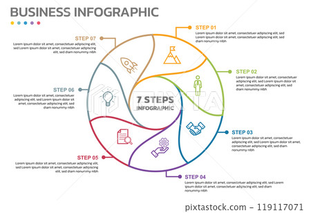 Visual data presentation. Cycle diagram with 7 options. Pie Chart Circle thin line infographic template with 7 steps, options, parts, segments. Business concept. Marketing infographic vector Visual data presentation. Cycle diagram with 7 options. Pie Chart Circle thin line infographic template with 7 steps, options, parts, segments. Business concept. Marketing infographic vector 119117071