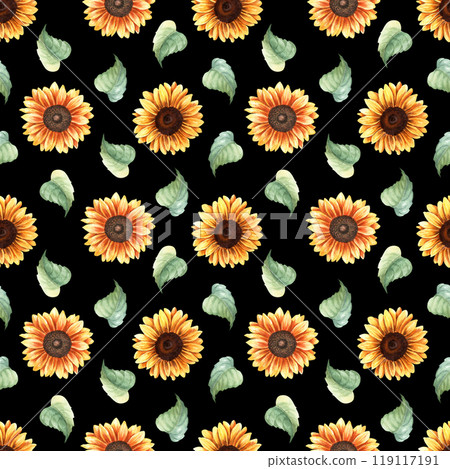 Watercolor seamless, repeat pattern with yellow sunflowers blooms and leaves. Hand drawn pattern for wrapping wallpaper fabric textile Watercolor seamless, repeat pattern with yellow sunflowers blooms and leaves. Hand drawn pattern for wrapping wallpaper fabric textile 119117191