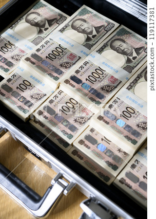 A stack of bills in an attaché case 119117381
