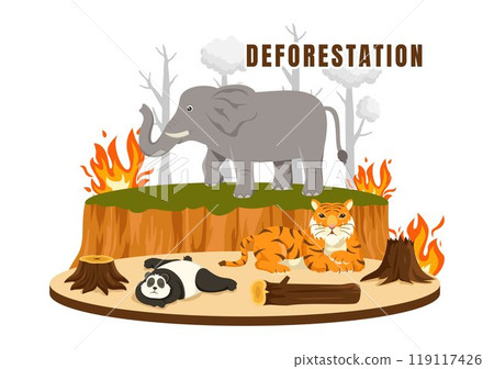 Deforestation Vector Illustration featuring a Felled Forest with Trees Burning, Creating Pollution and Leading to the Extinction of Animals Deforestation Vector Illustration featuring a Felled Forest with Trees Burning, Creating Pollution and Leading to the Extinction of Animals 119117426