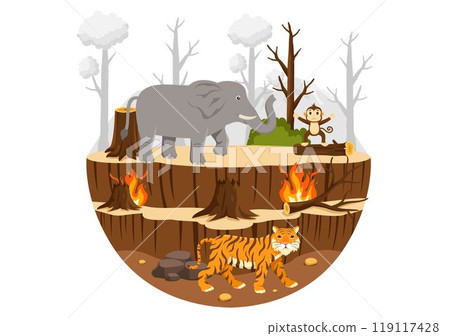 Deforestation Vector Illustration featuring a Felled Forest with Trees Burning, Creating Pollution and Leading to the Extinction of Animals 119117428