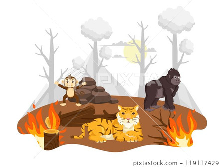 Deforestation Vector Illustration featuring a Felled Forest with Trees Burning, Creating Pollution and Leading to the Extinction of Animals 119117429