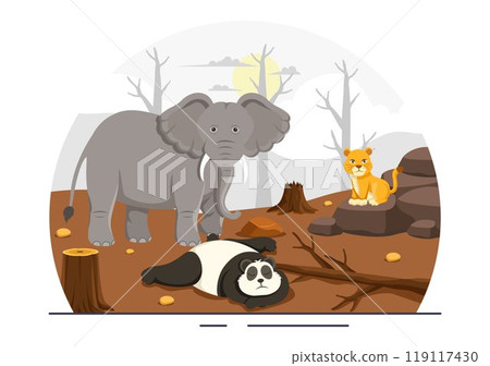 Deforestation Vector Illustration featuring a Felled Forest with Trees Burning, Creating Pollution and Leading to the Extinction of Animals 119117430