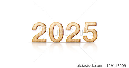 2025  happy new year wood number (3d rendering) on white background,leave space for display of product for promotion on Christmas and new year holiday 119117609