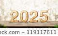 2025  happy new year wood number (3d rendering) on wood table with sparkling gold bokeh wall,leave space for display of product for promotion on christmas and new year holiday 119117611