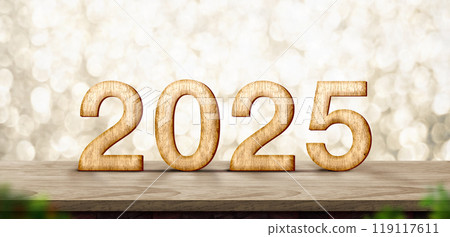 2025 happy new year wood number (3d rendering) on wood table with sparkling gold bokeh wall,leave space for display of product for promotion on christmas and new year holiday 2025 happy new year wood number (3d rendering) on wood table with sparkling gold bokeh wall,leave space for display of product for promotion on christmas and new year holiday 119117611