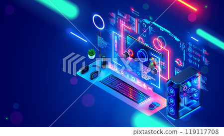 Computer video games development education for kids. Game design, gameplay of computer games. Isometric computer of game designer workplace. PC on desk with interface developer environment on screen. Computer video games development education for kids. Game design, gameplay of computer games. Isometric computer of game designer workplace. PC on desk with interface developer environment on screen. 119117708