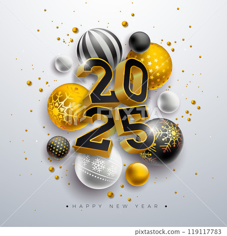 Happy New Year 2025 Illustration with 3d Gold Number and Christmas Ball on White Background. Holiday Design with Typography Lettering for Flyer, Greeting Card, Banner, Celebration Poster, Party Happy New Year 2025 Illustration with 3d Gold Number and Christmas Ball on White Background. Holiday Design with Typography Lettering for Flyer, Greeting Card, Banner, Celebration Poster, Party 119117783