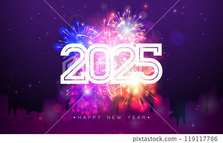 2025 Happy New Year Illustration with White Number and Fireworks on Night Blue Background. Holiday Design with Typography Lettering for Flyer, Greeting Card, Banner, Celebration Poster, Party 2025 Happy New Year Illustration with White Number and Fireworks on Night Blue Background. Holiday Design with Typography Lettering for Flyer, Greeting Card, Banner, Celebration Poster, Party 119117786