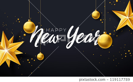 2025 Happy New Year Illustration with White Typography Lettering, Golden Star and Christmas Ball on Black Background. Holiday Design for Flyer, Banner, Greeting Card, Celebration Poster, Party 119117789