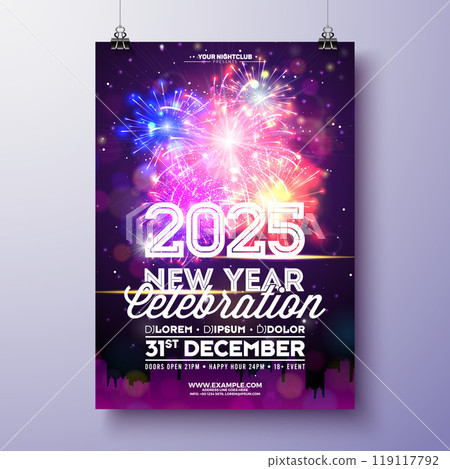 Happy New Year 2025 Party Celebration Poster Template Illustration with Typography Lettering on Glowing Firework Background. Vector New Year Eve Holiday Design. Premium Invitation Flyer or Promo 119117792