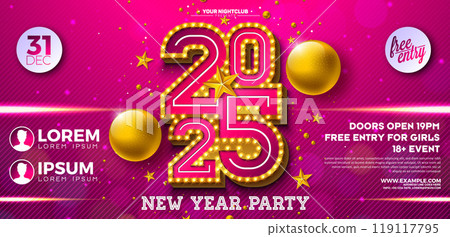 Happy New Year 2025 Party Banner Flyer Template Illustration with Glowing Light Bulb Billboard Number and Christmas Ball on Red Background. Vector New Year Eve Holiday Celebration Poster Design 119117795