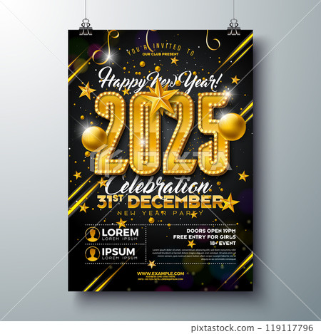 Happy New Year 2025 Party Celebration Poster Template Illustration with Glowing Light Bulb Billboard Number on Black Background. Vector New Year Eve Holiday Design. Premium Invitation Flyer or Promo 119117796