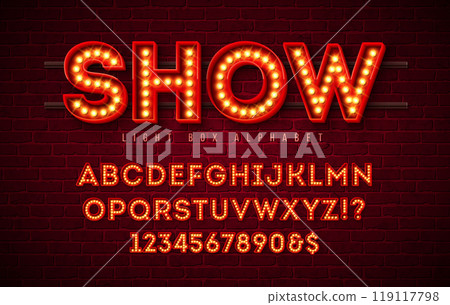 Light Bulb Alphabet with Red Frame Box and Shadow on Vintage Brick Wall Background. Glowing Retro Vector Font Collection with Shiny Bright Lights. ABC and Number Design for Casino, Night Club or 119117798