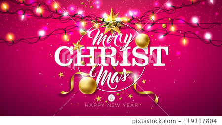 Merry Christmas and Happy New Year Illustration with Gold Glass Ball, Light Garland and Typography Letter on Red Background. Vector Holiday Season Banner Design for Greeting Card, Party Flyer Merry Christmas and Happy New Year Illustration with Gold Glass Ball, Light Garland and Typography Letter on Red Background. Vector Holiday Season Banner Design for Greeting Card, Party Flyer 119117804