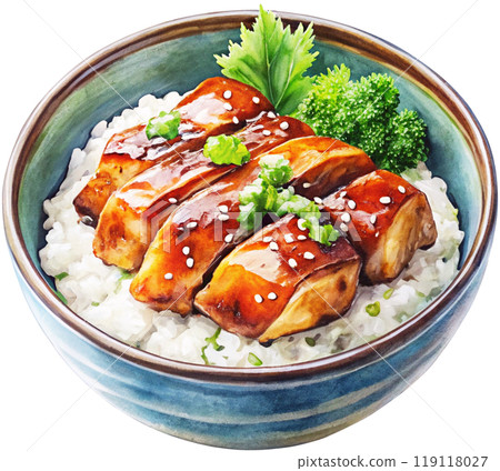 watercolor painting teriyaki chicken meal appetiz 119118027
