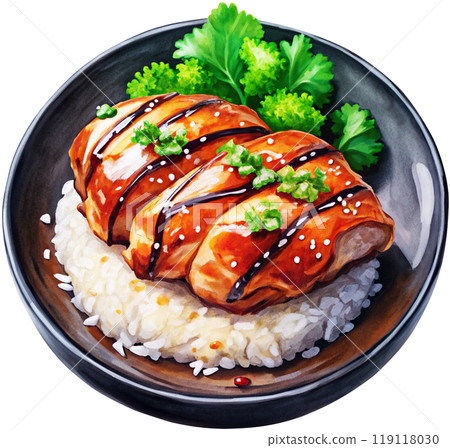 watercolor painting teriyaki chicken meal watercolor painting teriyaki chicken meal 119118030