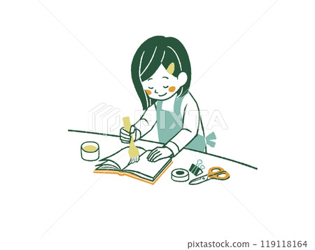 A woman wearing an apron repairing a book - 4 colors A woman wearing an apron repairing a book - 4 colors 119118164