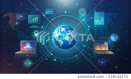 Image of globe of connections and data processing on black background. Image of globe of connections and data processing on black background. 119118173
