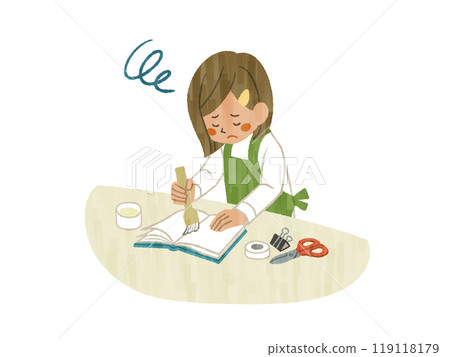 一個穿著圍裙的女人一臉困惑地修書——Gash 119118179