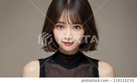 A woman in a black dress smiling gently 119118210