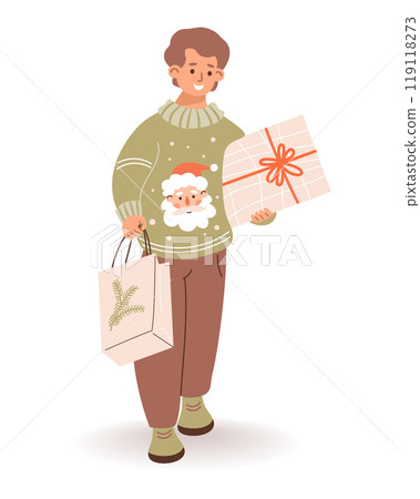 Shopping. Cute happy boy child in Christmas sweater with Santa holding paper bag and gift. Vector illustration. Holiday shopper childish character. 119118273