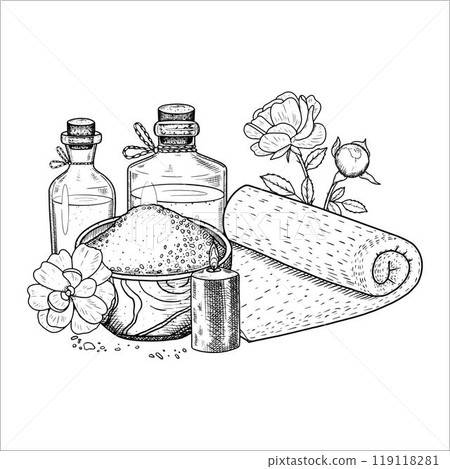 Spa composition with towel, candle, mortar with salt, bottles, rose. Hand drawn vector illustration Spa composition with towel, candle, mortar with salt, bottles, rose. Hand drawn vector illustration 119118281